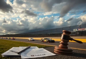NASCAR cars racing with legal documents represented in the foreground.