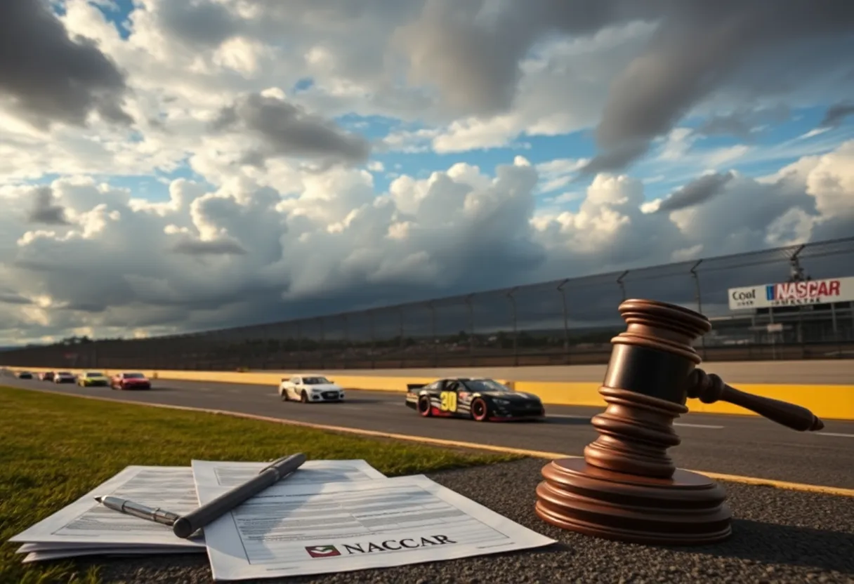 NASCAR cars racing with legal documents represented in the foreground.
