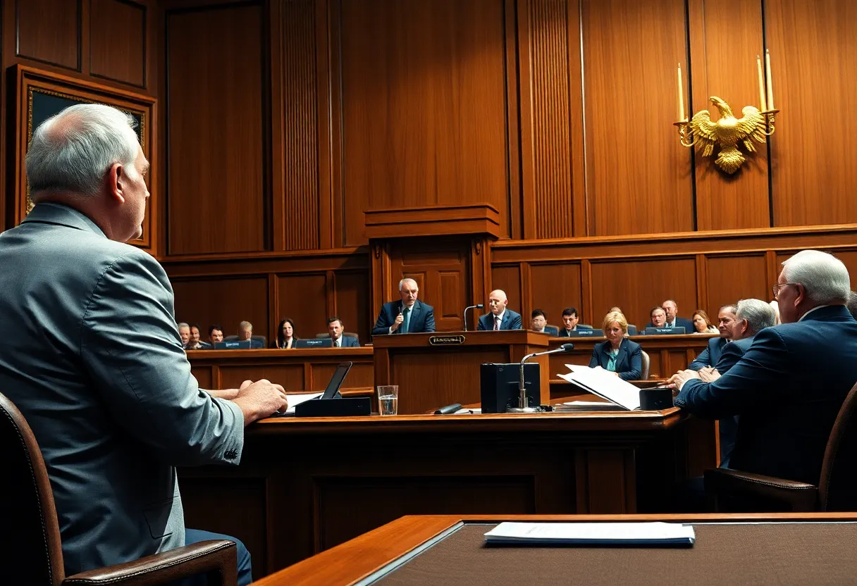 Courtroom scene of the NASCAR antitrust trial with lawyers and witnesses