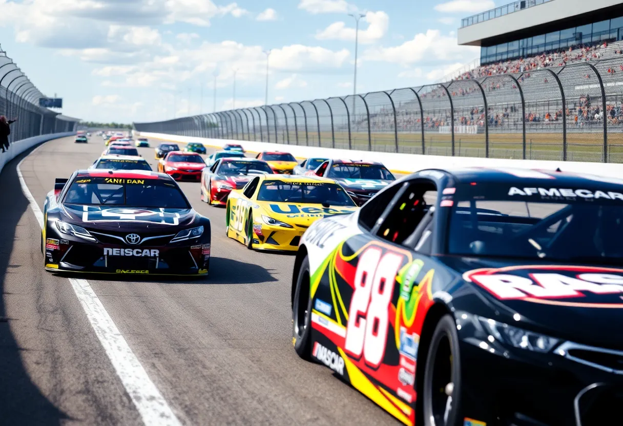 Cars racing on a NASCAR track