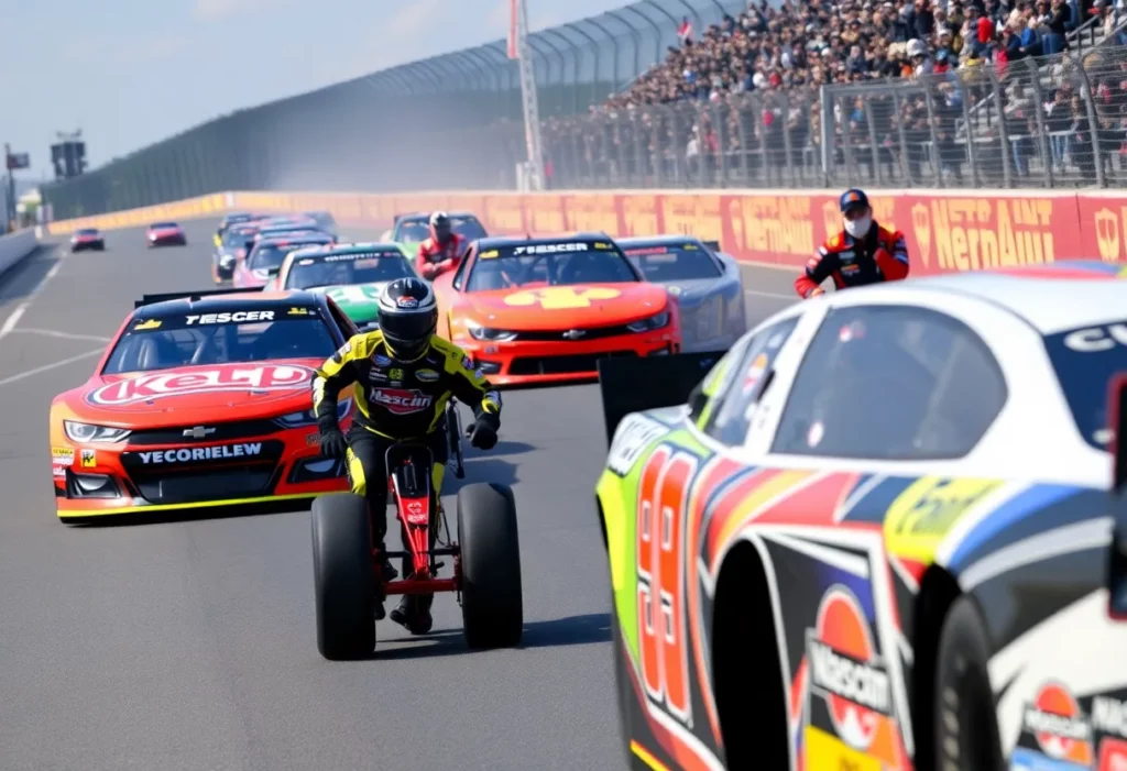 NASCAR racing teams compete on the track in a lively race environment.