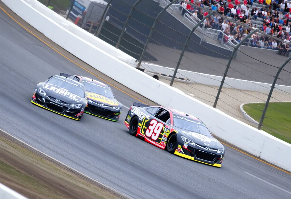 NASCAR cars racing on the track during a competitive event.