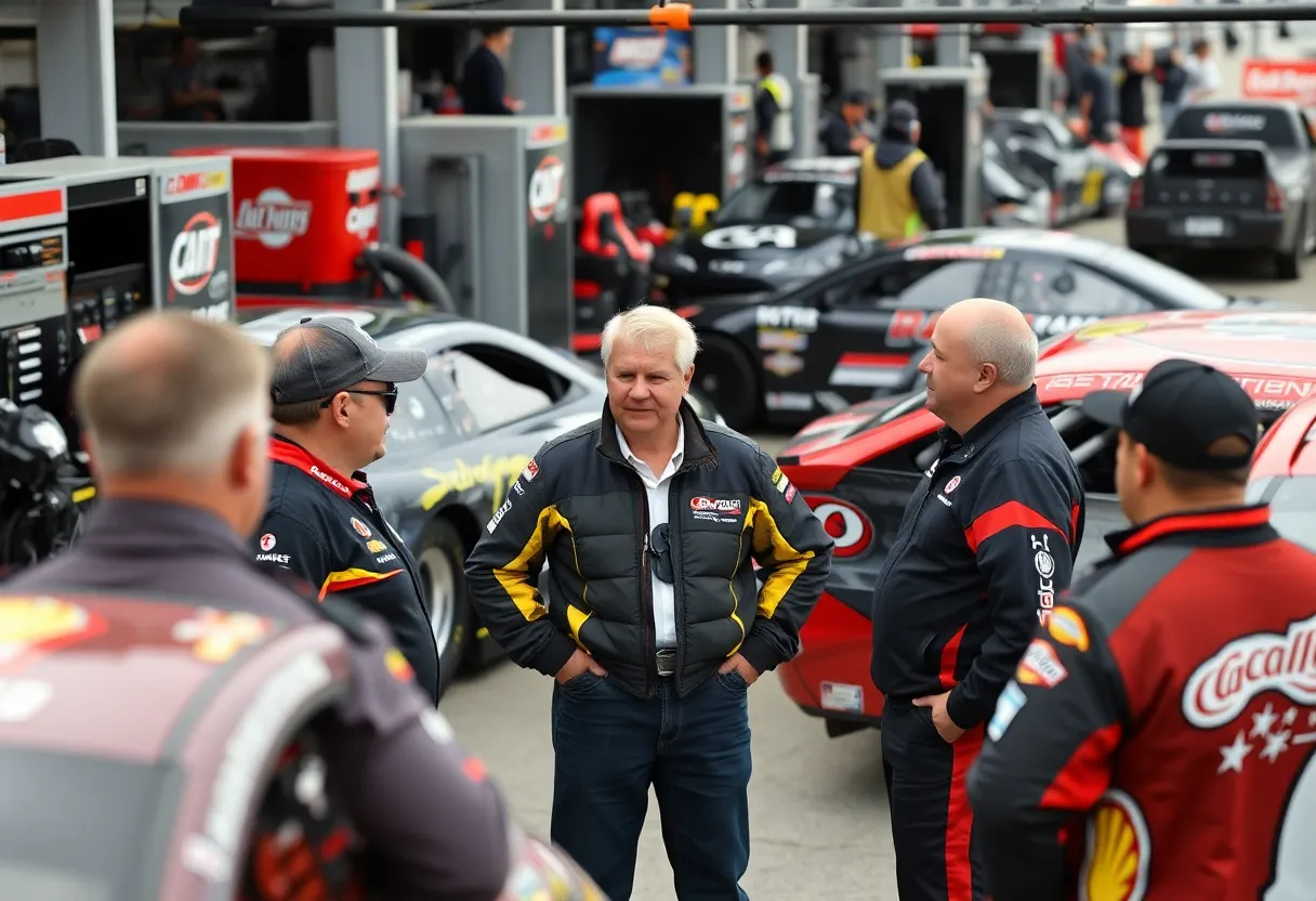 NASCAR team owners at a pit stop discussing charter agreements and financial challenges.