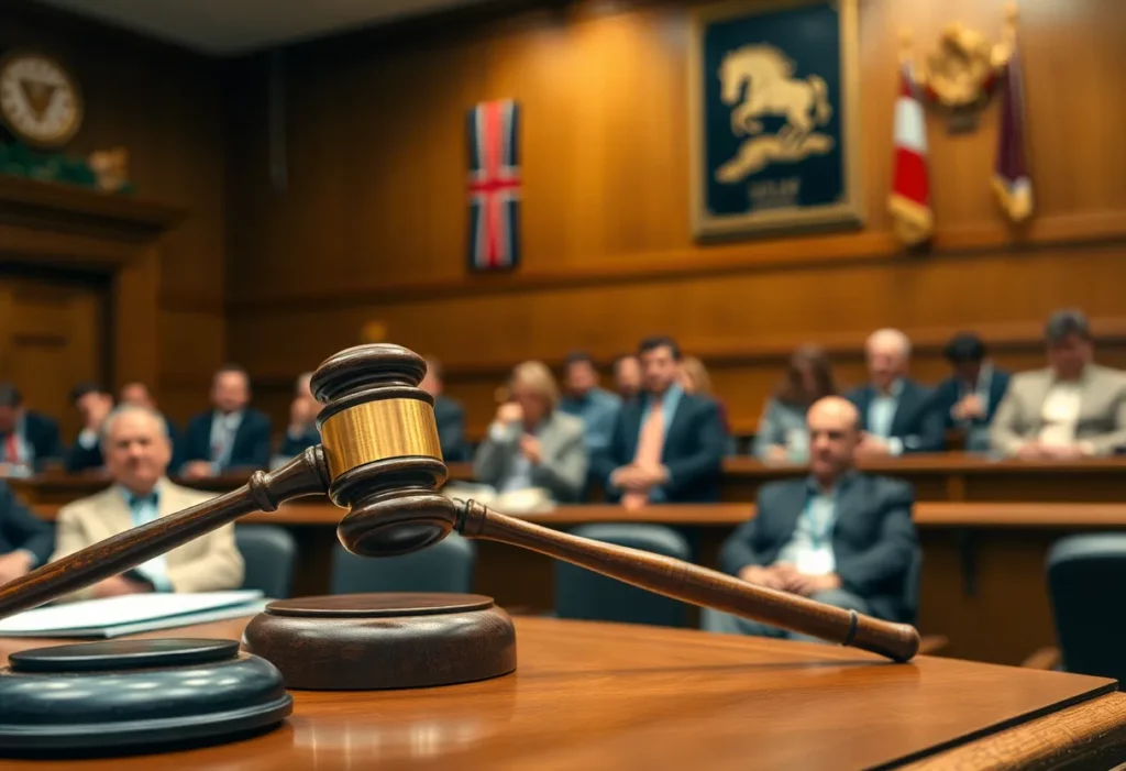 Courtroom featuring NASCAR memorabilia during the trial