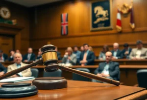 Courtroom featuring NASCAR memorabilia during the trial