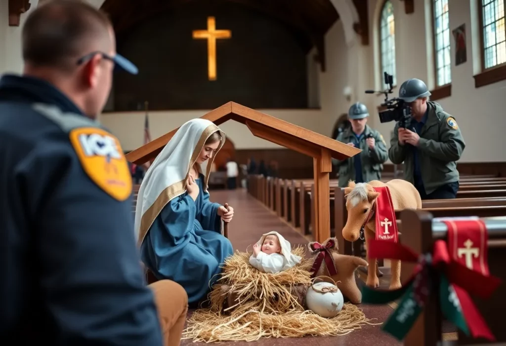 Nativity scene with ICE agents featuring Holy Family