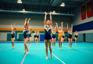 NC State gymnastics team members practicing their routines in the gym.