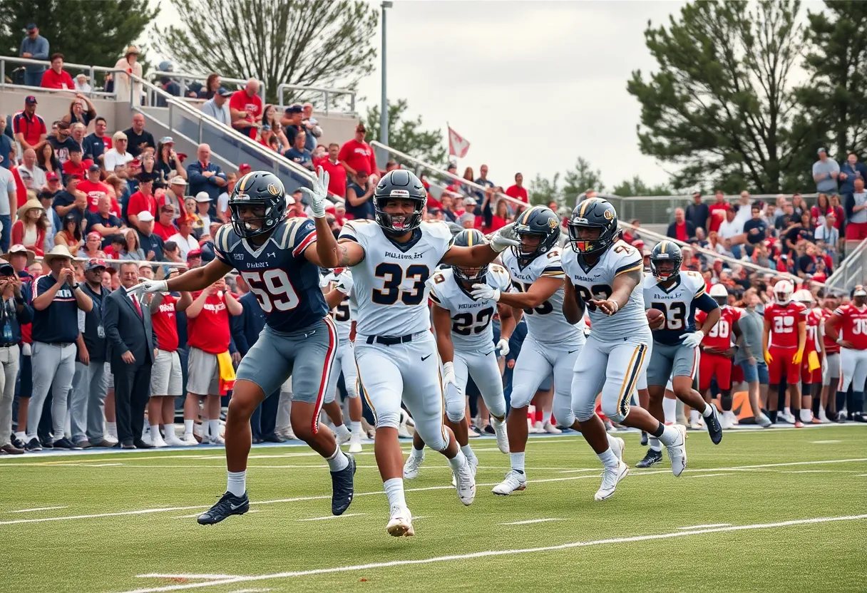 NC State football players celebrating a play