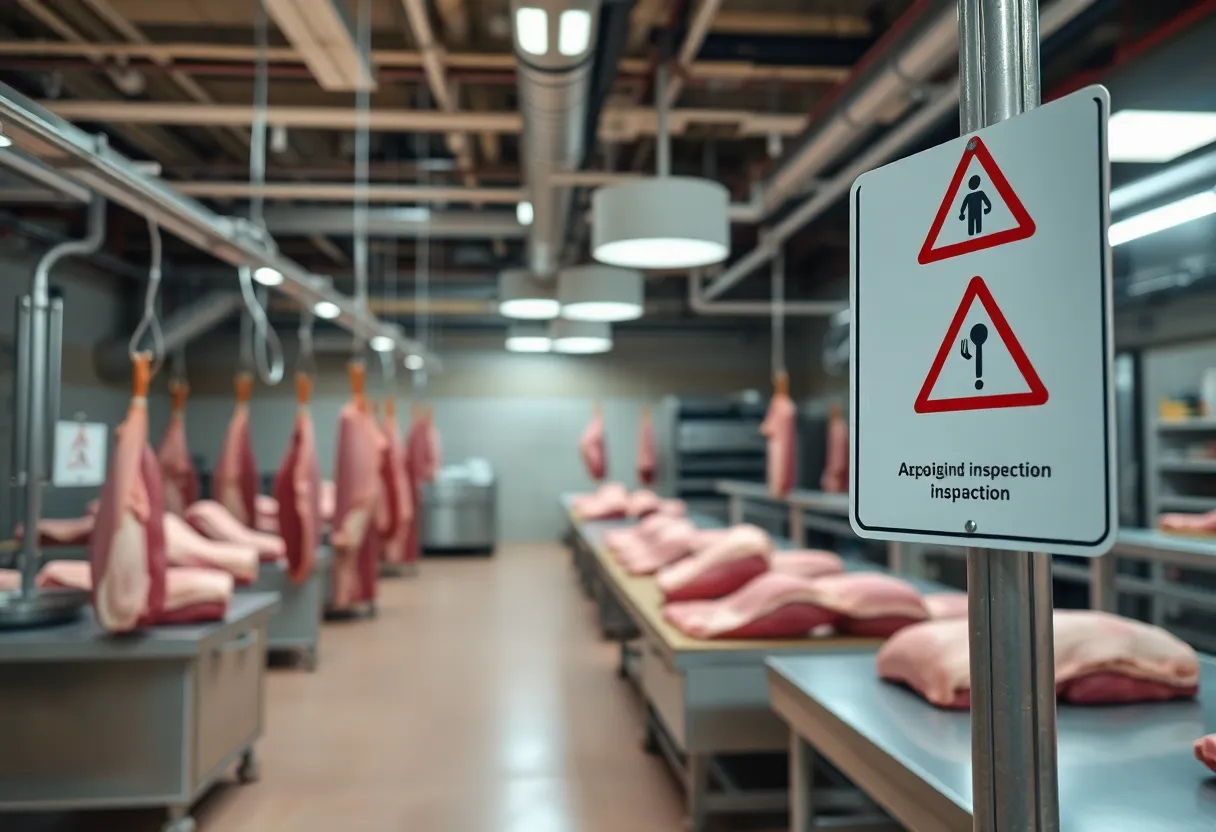 A meat processing facility under inspection highlighting food safety protocols.