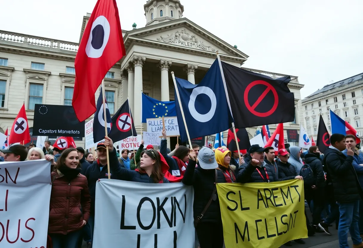 Protesters at a Neo-Nazi rally in front of a historical building