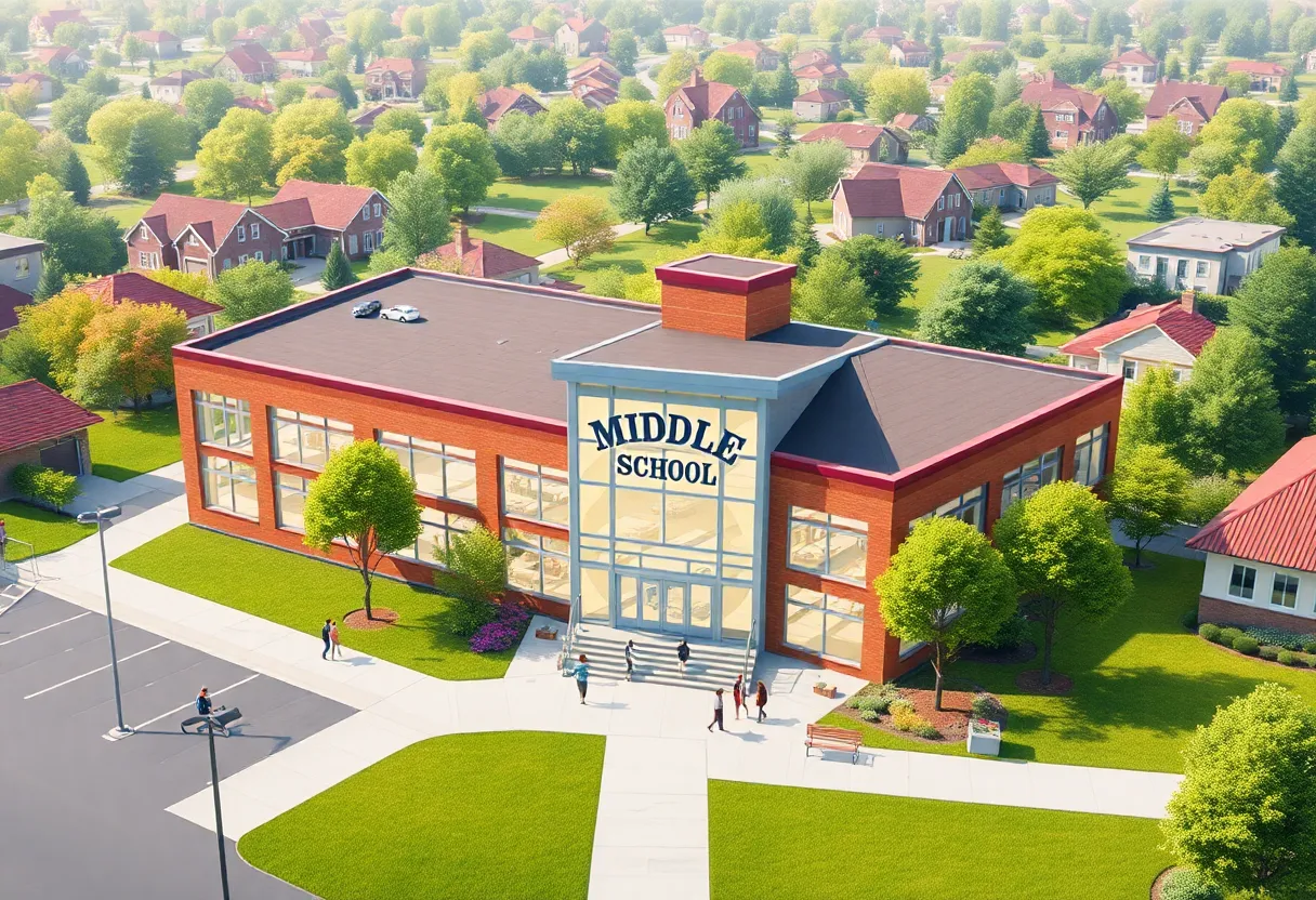 Illustration of a new middle school building in North Mecklenburg