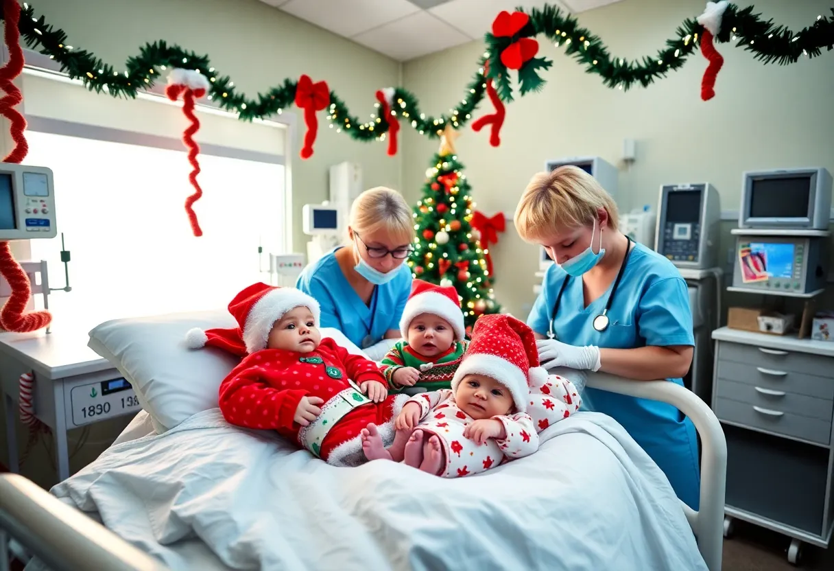 Newborns in NICU dressed in festive holiday outfits.