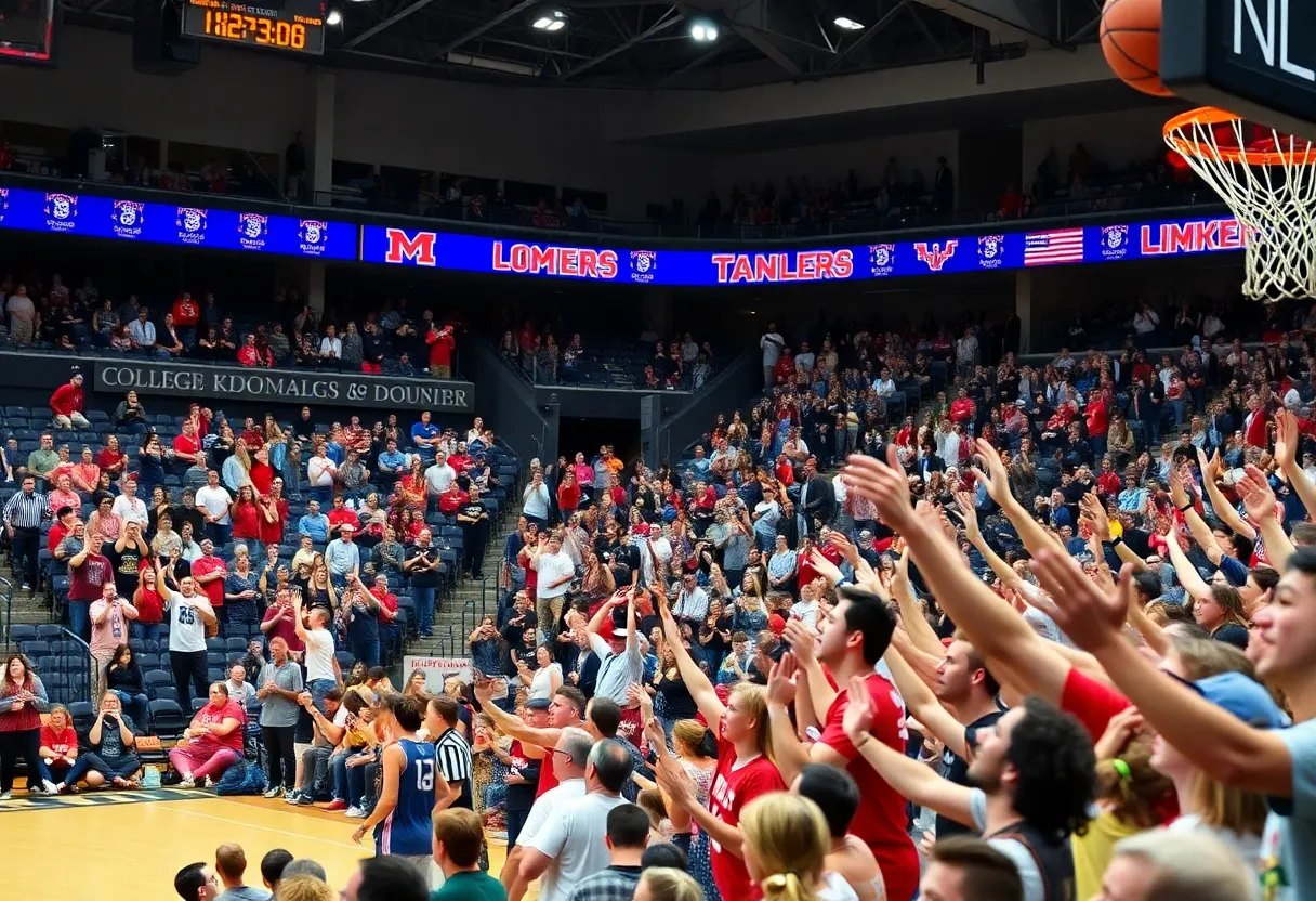 College basketball game with fans and players in action