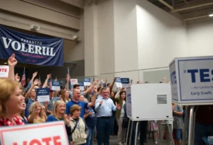 A lively political rally in North Carolina with voters and candidates interacting ahead of the 2026 elections.