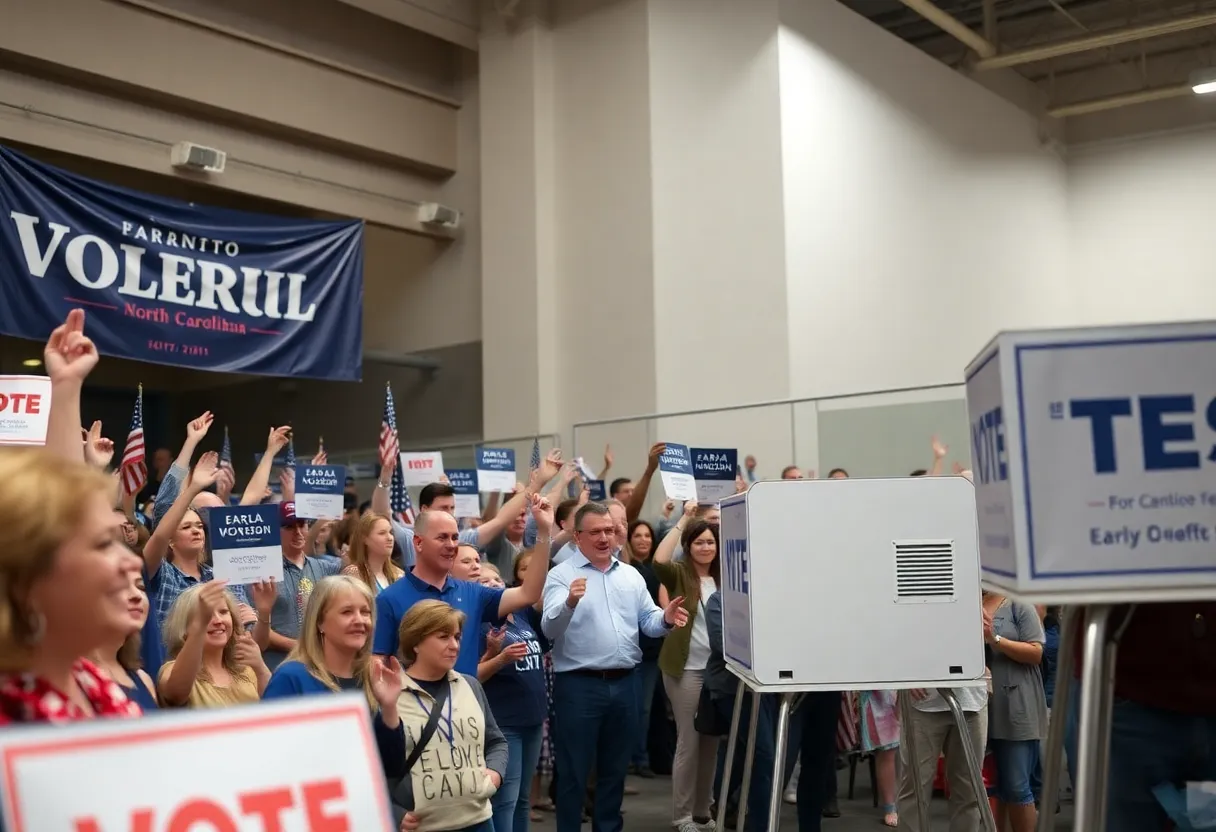 A lively political rally in North Carolina with voters and candidates interacting ahead of the 2026 elections.