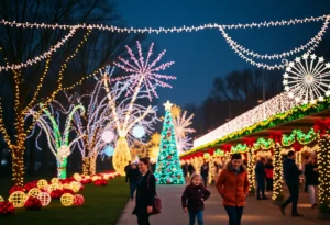Families admiring a beautiful display of holiday lights in North Carolina.