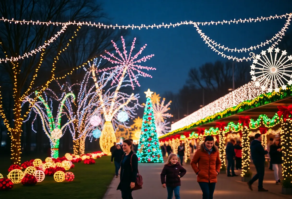 Families admiring a beautiful display of holiday lights in North Carolina.