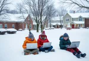 Snow-covered school with students engaged in remote learning