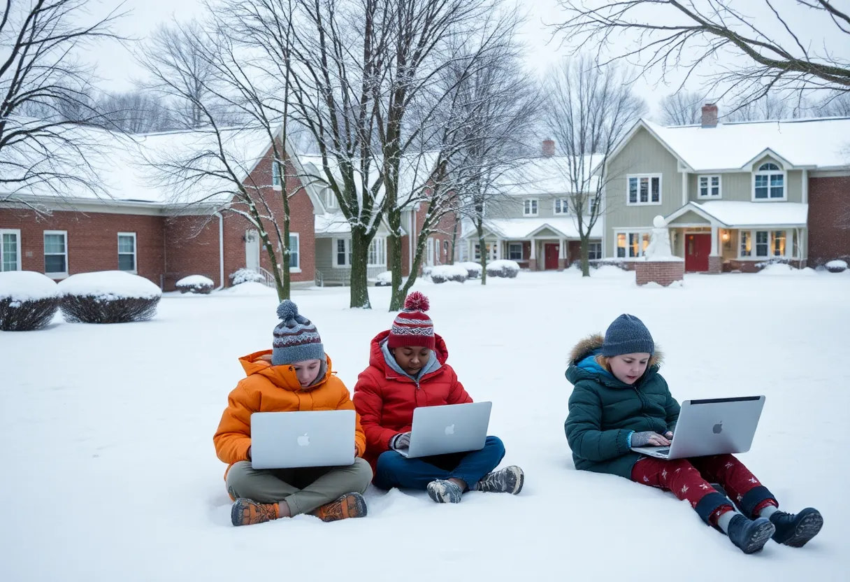 Snow-covered school with students engaged in remote learning