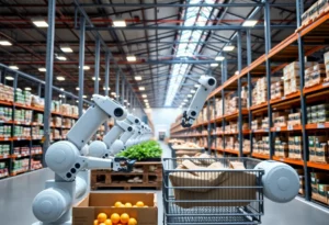 Automated grocery fulfillment center featuring advanced robotics and logistics technology.