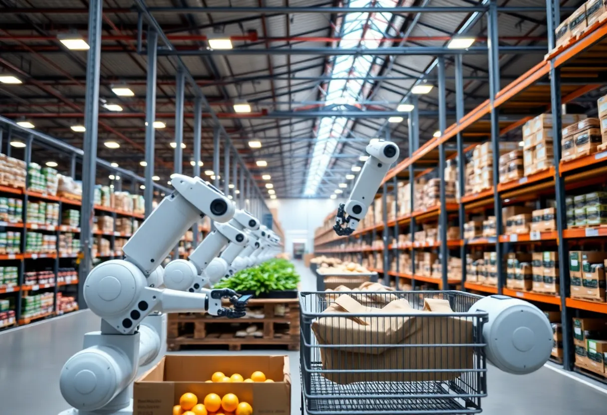 Automated grocery fulfillment center featuring advanced robotics and logistics technology.
