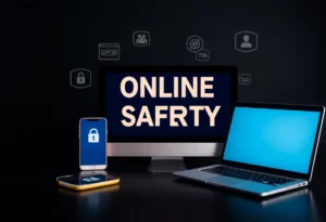 Illustration of online safety with devices and children