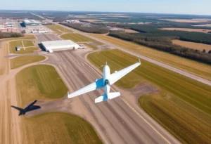 Aerial view of Owensboro-Daviess County Regional Airport with an airplane in flight.
