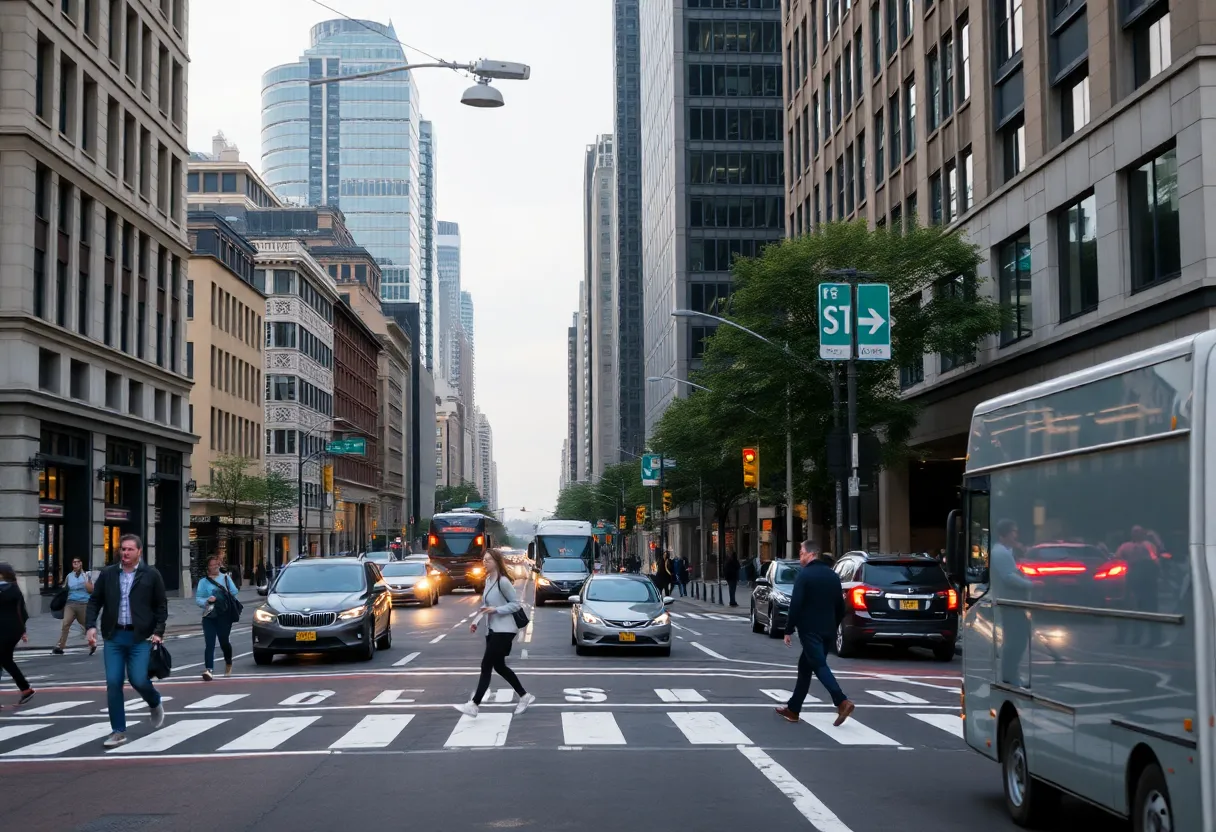 Pedestrians using a marked crosswalk in Charlotte with clear signage