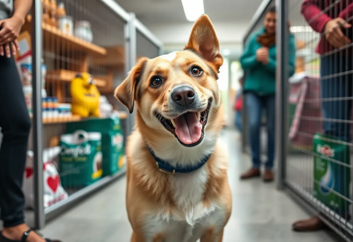 Friendly dog in a shelter environment promoting pet adoption in Charlotte.