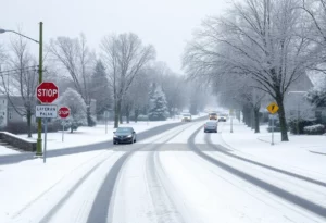 Winter weather conditions in the Piedmont Triad region with snow and ice on roads.