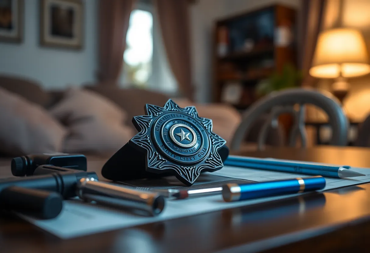 Police badge and tattoo equipment in an investigation setting