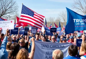 Vibrant political rally depicting supporters and banners for North Carolina Senate candidates.