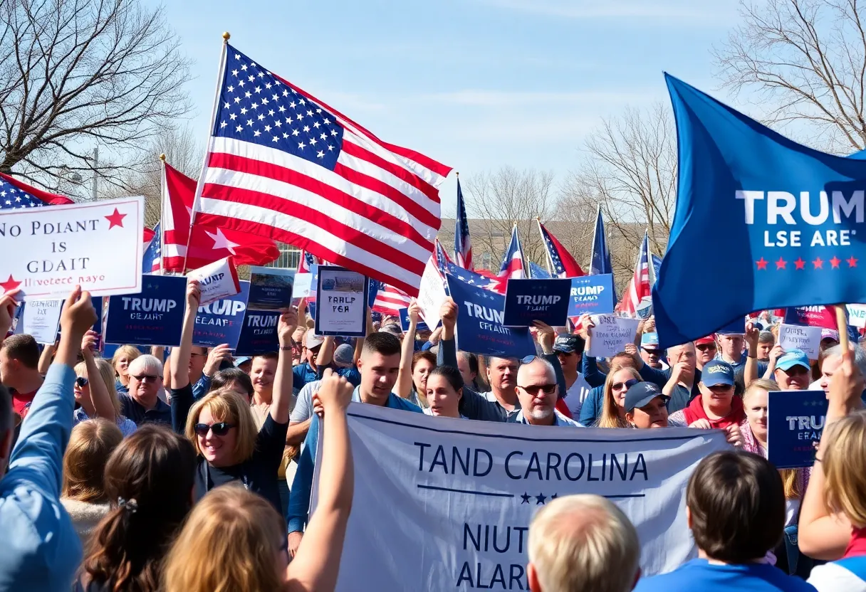 Vibrant political rally depicting supporters and banners for North Carolina Senate candidates.