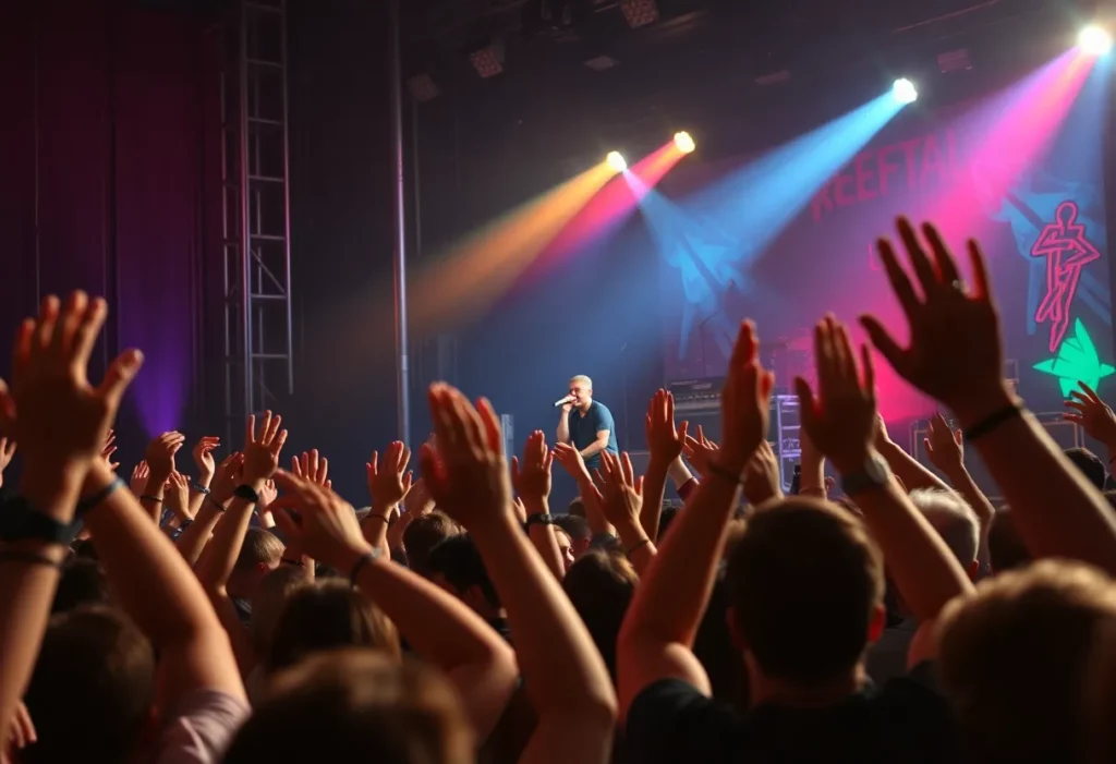 A lively pop-punk concert with fans enjoying the music and energetic performance.