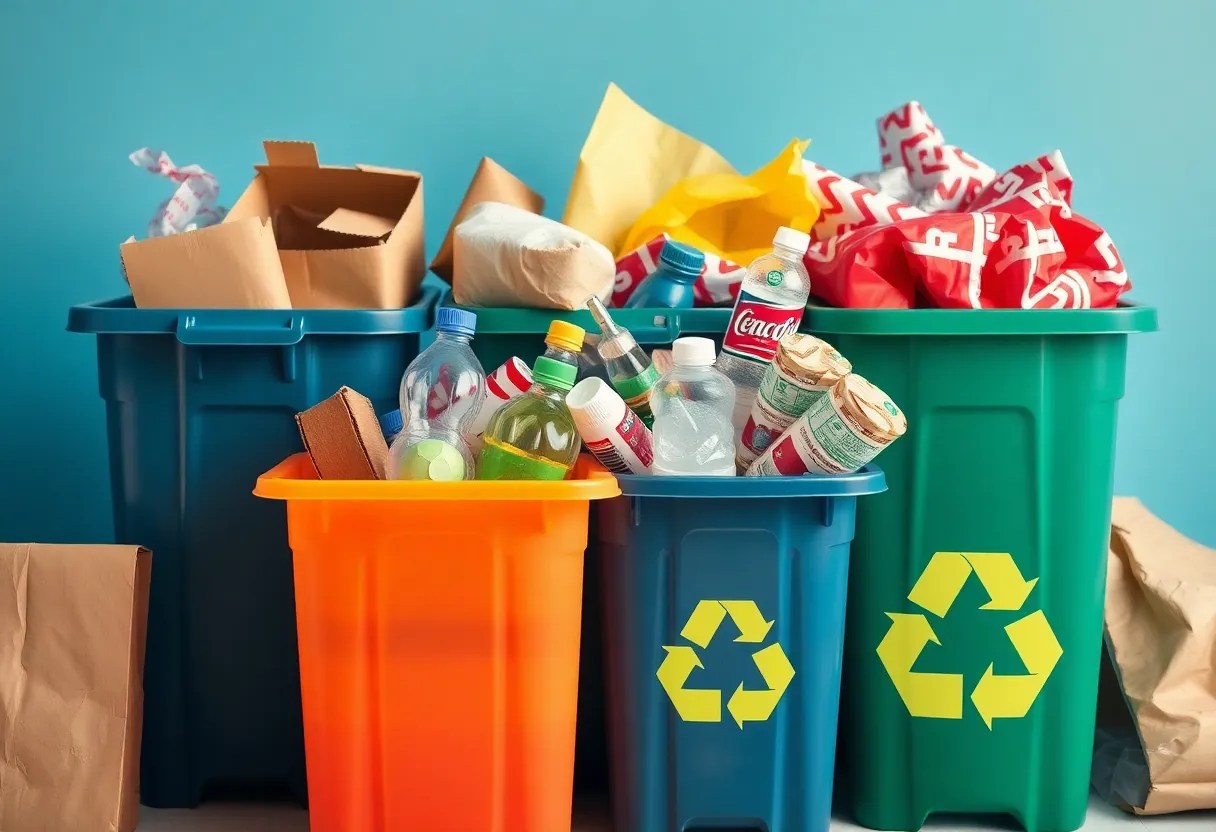 Recycling bins filled with holiday waste materials representing proper recycling practices.