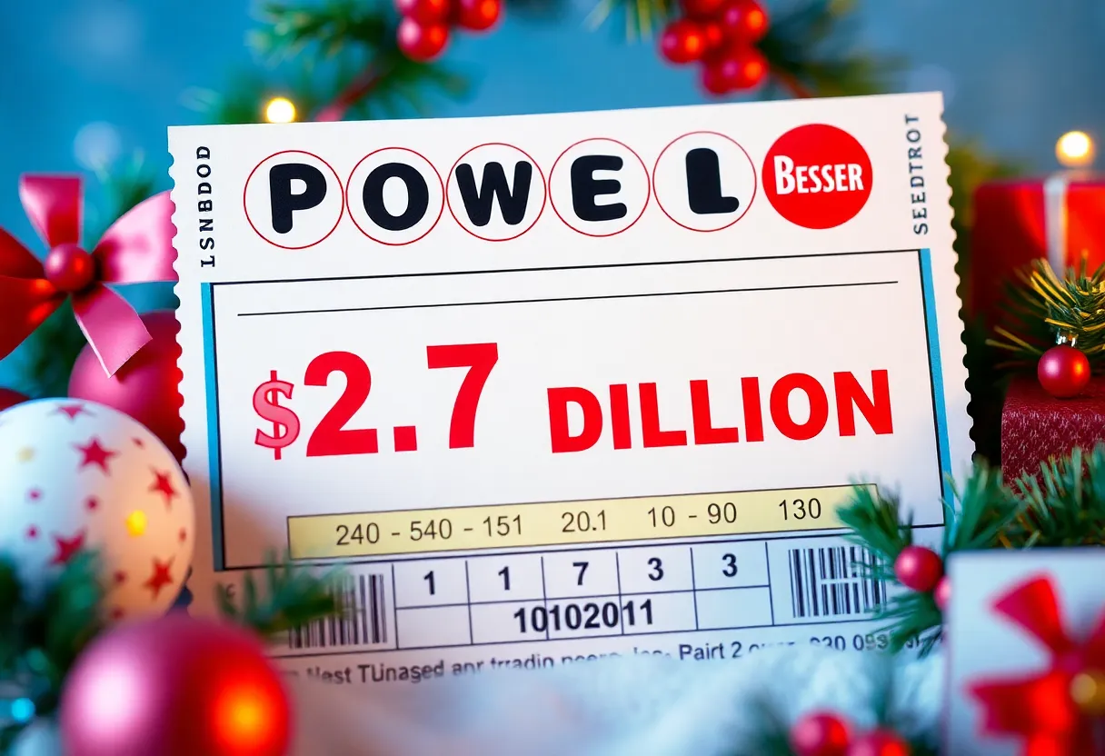 Illustration of a Powerball lottery ticket showing a jackpot of $1.7 billion with Christmas decorations.