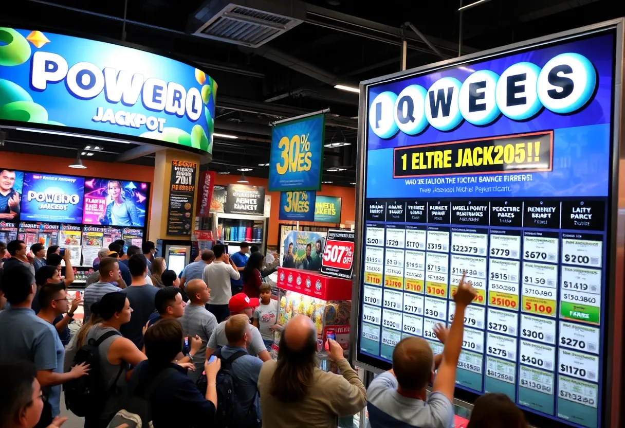 Crowd celebrating Powerball jackpot in a retail store