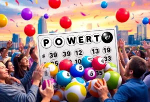 Colorful Powerball lottery scene with excited participants in Charlotte