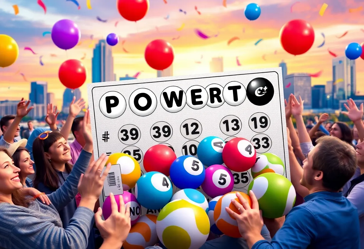 Colorful Powerball lottery scene with excited participants in Charlotte