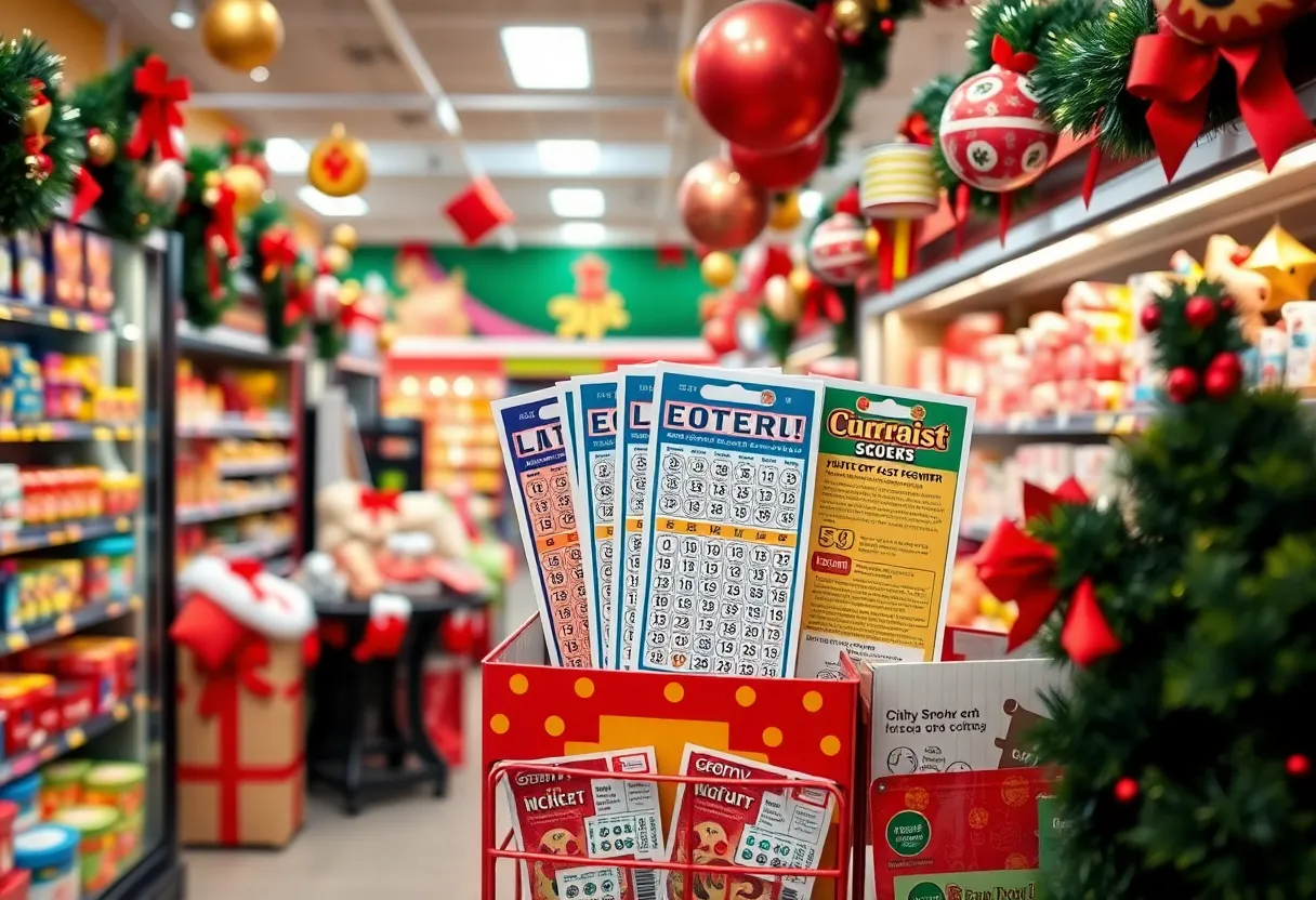 A grocery store in Charlotte decorated for the holidays, featuring Powerball lottery tickets.