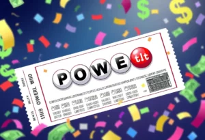 A winning Powerball lottery ticket surrounded by celebration elements.