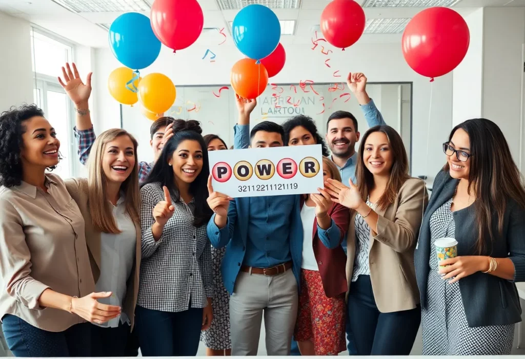 A joyous group of coworkers celebrating a Powerball lottery win.