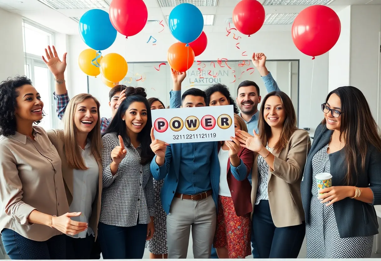 A joyous group of coworkers celebrating a Powerball lottery win.