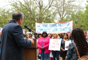 Representative Deb Butler speaks at a press conference against ICE raids in Wilmington, NC.