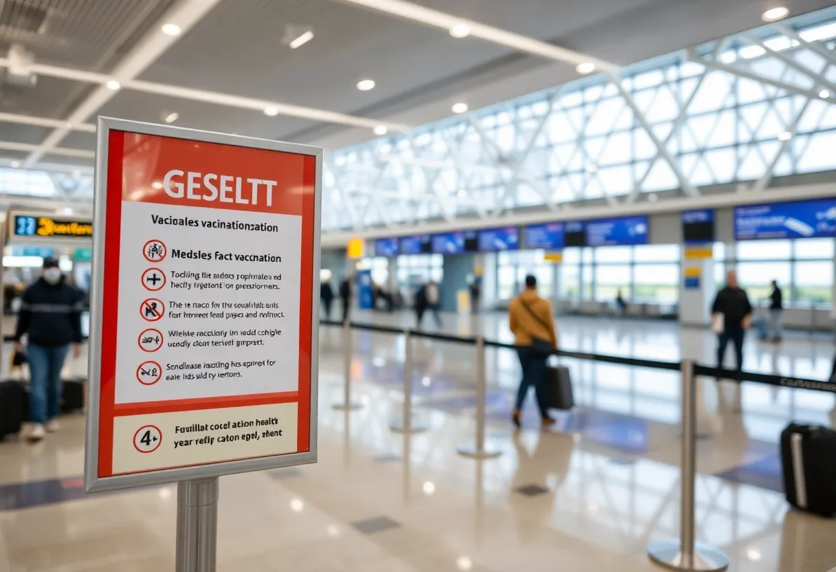 Public health alert signage at an airport regarding measles vaccination.