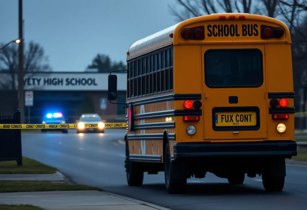 Scene of a school bus crash near Charlotte High School, with police response.