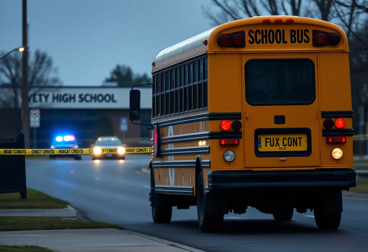 Scene of a school bus crash near Charlotte High School, with police response.