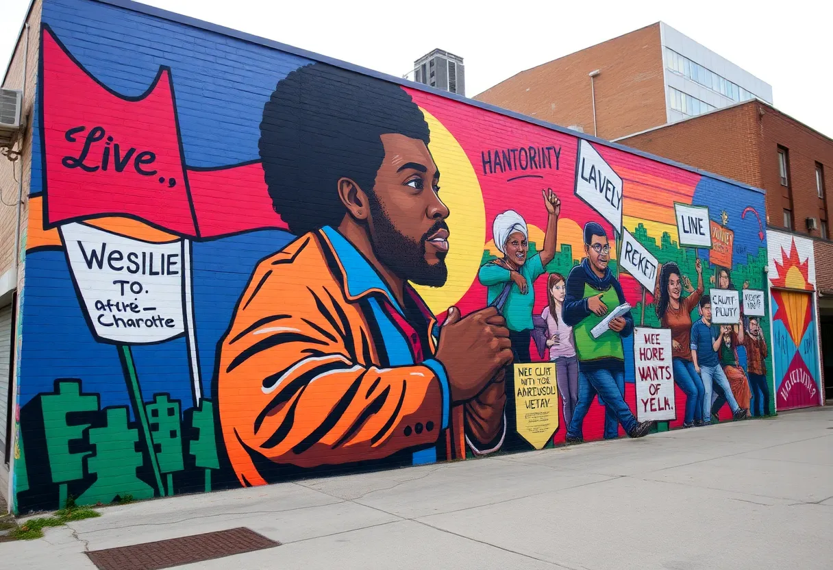 Mural of Queen Charlotte reimagined as an activist in Charlotte, NC.