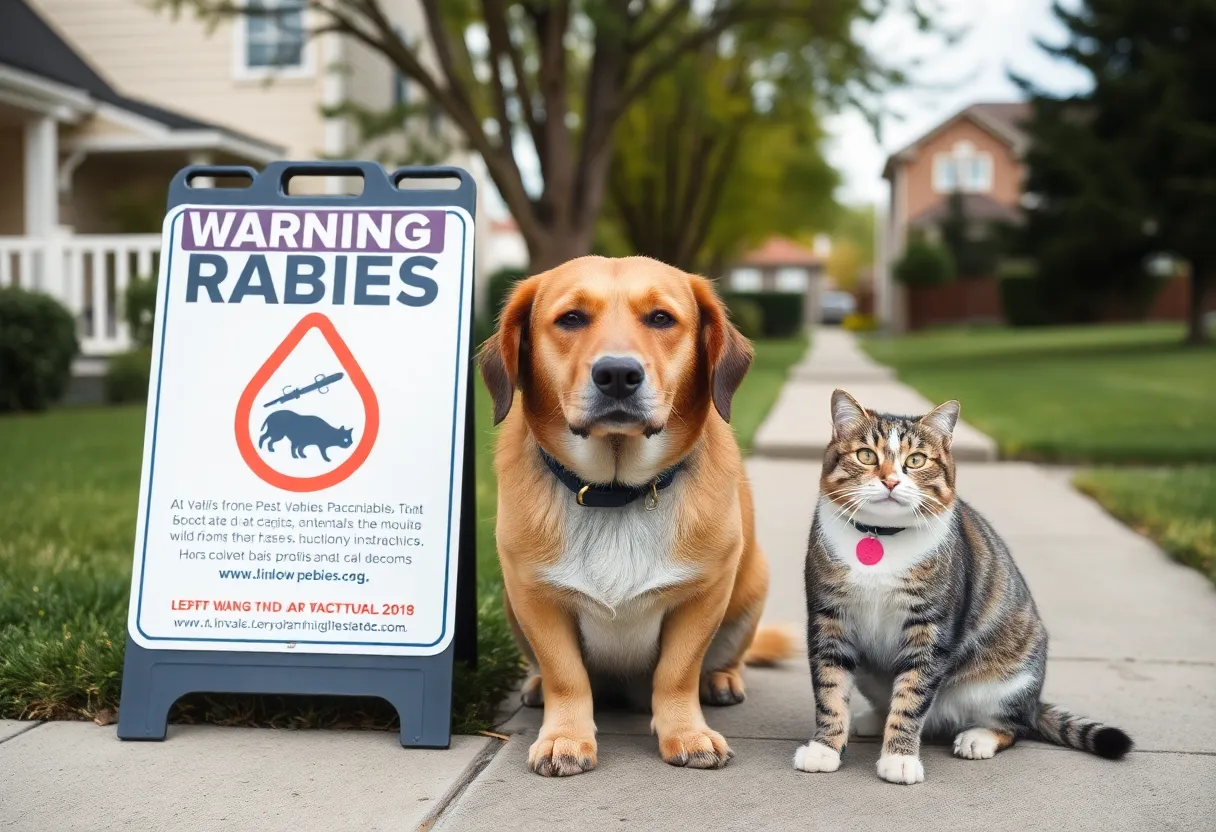 Image highlighting rabies awareness with pets and a warning sign.