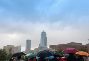 Cityscape view of Charlotte with rain and dark clouds